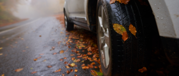 Pneu hiver sur route glissante en automne, avec des feuilles mortes